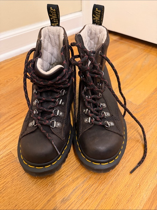 Dr. Martens Black Leather Hiking-Style Boots with Yellow Stitching main image 12